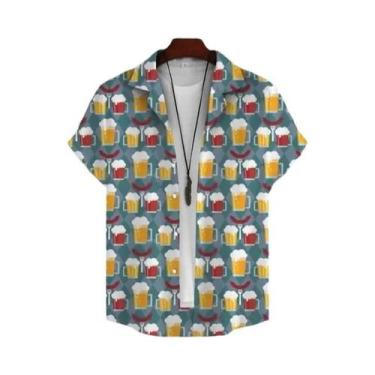 Imagem de Camisa Havaiana Masculina Estampada Em 3D Com Tema De Cerveja, Manga C