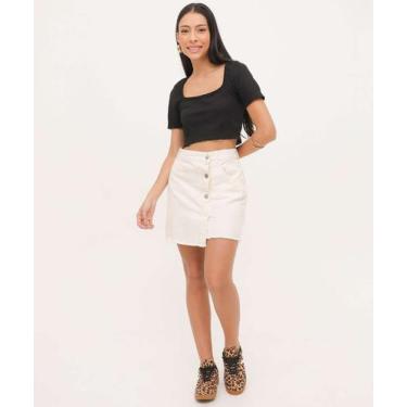 Imagem de Saia Feminina Sarja Botões Barra Desfiada-46000 - ECXO JEANS, 38, Off 