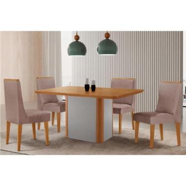 Imagem de Sala Jantar Mesa Pietá Tampo Curvo 120cm+4 Cadeiras Dakota Madeira Naturale/Off White - Capuccino/Linho Capuccino - Rufato