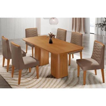 Imagem de Sala Jantar Mesa Maldivas Tampo Curvo 180cm+6 Cadeiras Maldivas Madeira Naturale - Capuccino/Suede Capuccino - Rufato