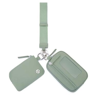 Imagem de POIUGOYA Carteira de pulso de nylon, porta-chaves com bolsa dupla, carteira pequena RFID com bolsa de moedas, janela de identificação para viagens, Verde claro + verde claro, Casual