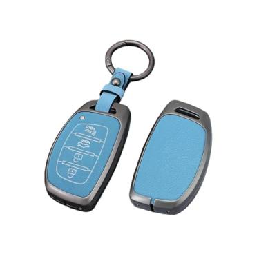 Imagem de Capa de couro para chave de carro em liga de zinco, suporte compatível com Hyundai Tucson Santa Fe Rena Sonata Elantra Creta Ix35 Ix45 I10 I30 I40(E-Style 1- Blue)