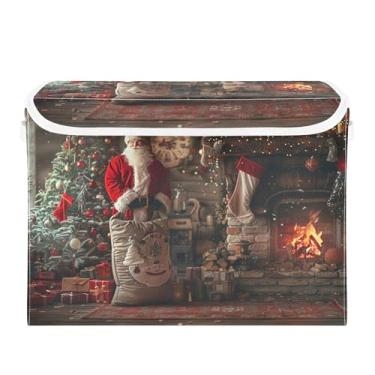 Imagem de SEHANY Linda caixa de armazenamento de Papai Noel de Natal com tampas e alças, organizador de cestas de armazenamento de tecido dobrável, caixas de armazenamento de cubos grandes para roupas, cobertor