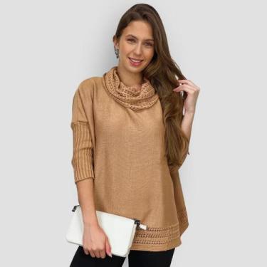 Imagem de Poncho Feminino Tricot Mousse Liso Gola Alta Casaco Inverno - EXPOSIÇÃ