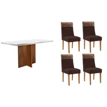 Imagem de Mesa Cozinha Berlim c/ Tampo Madeirado c/ Vidro Canto Curvo 120x80cm e 4 Cadeiras Jaspe Madeira Maciça Naturale/Off White - Capuccino/Suede Marrom-Ruf