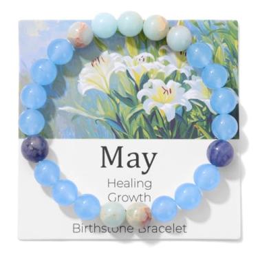 Imagem de MMIUAEG Pulseira de pedra do mês do zodíaco para mulheres e homens, pulseira de pedras coloridas para aniversário, Natal, formatura e cartão de desejos para reduzir a ansiedade, mês do zodíaco, Medium