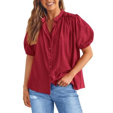 Imagem de Camisa PRETTYGARDEN Vermelho Escuro Algodão Decote V XXL