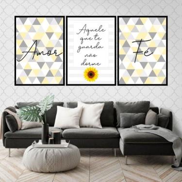 Imagem de Kit 3 Quadros Decorativos Amor Fé Geométrico Triângulos