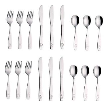 Imagem de ANNOVA Conjunto de talheres infantis com 18 peças – talheres de aço inoxidável/talheres 6 garfos seguros, 6 facas de mesa, 6 colheres de sopa – lancheira segura para crianças pequenas (coelhinho de gato gravado)