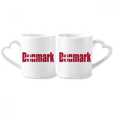Imagem de Conjunto de canecas de porcelana para casais com nome da bandeira do país da Dinamarca com alça de coração