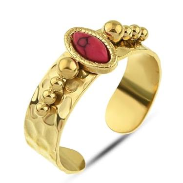 Imagem de Anel coral vermelho - anel ajustável - anel de aço inoxidável banhado a ouro 14K - anel de banda de ouro martelado - anel vintage com contas de bola amarela para mulheres - anel indicador indicador,