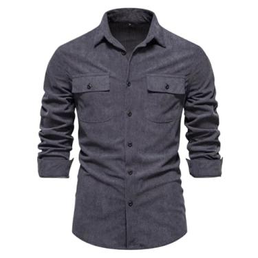 Imagem de Camisa masculina de veludo cotelê primavera outono manga longa vintage cor sólida bolsos tamanho europeu camisas streetwear, Cinza escuro, PP