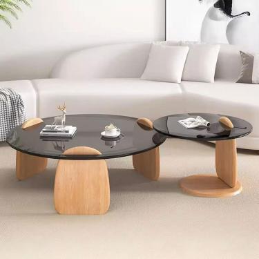 Imagem de Mesa de centro redonda de vidro para sala de estar, mesa final moderna de meados do século, mesa de centro com moldura de madeira natural e tampo de vidro temperado, mesa final minimalista p