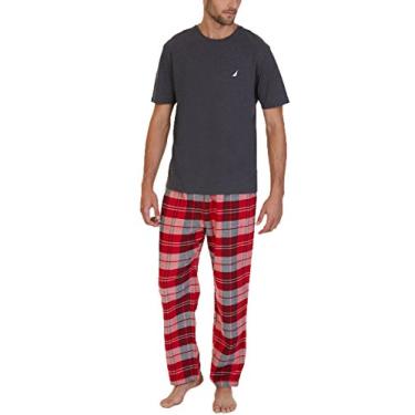 Imagem de Nautica Conjunto de pijama masculino com camiseta e calça xadrez, Xadrez cinza/vermelho, XG