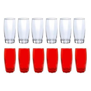 Imagem de Kit Copo Vidro Florence 370ml 6Vermelho + 6Transparente Suco - PRATICA