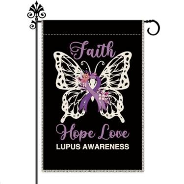 Imagem de Hafhue Faith Hope Love Lupus Awareness Garden Flag, 30,5 x 45,7 cm dupla face fazenda quintal jardim decoração de gramado, bandeira roxa lúpus borboleta jardim, presente de apoio de lúpus