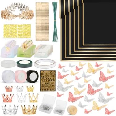 Imagem de Kit de papel de embrulho de buquê de flores, 60 folhas de papel impermeável preto, 36 borboletas, 8 coroas, 1 faixa de cabeça, 4 fitas, 15 cartões, 100 alfinetes de diamante, 30 fios florais, 3