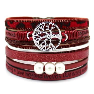 Imagem de P Ammy Fashion® Pulseiras femininas inspiradoras de couro da árvore da vida, boêmio, com fecho magnético, Medium, Couro sintético, Quartzo criado