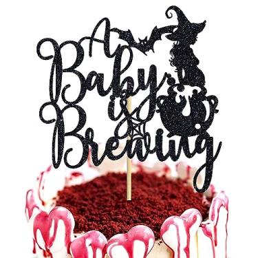 Imagem de A Baby is Brewing Cake Topper, A Baby is on the Way, decoração de bolo, chá de bebê de Halloween/revelação de gênero/suprimentos de decoração de festa de aniversário do bebê, glitter preto