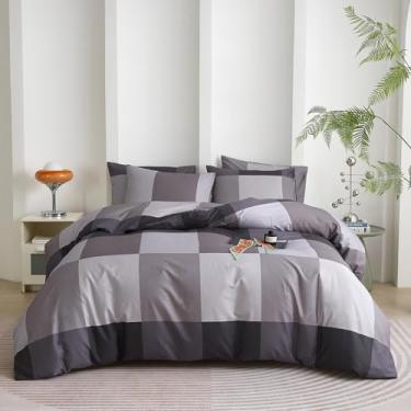 Imagem de mixinni Conjunto de edredom solteiro GG masculino e geométrico, xadrez, estampado, edredom para todas as estações, macio e leve (solteiro GG, preto, branco, cinza)