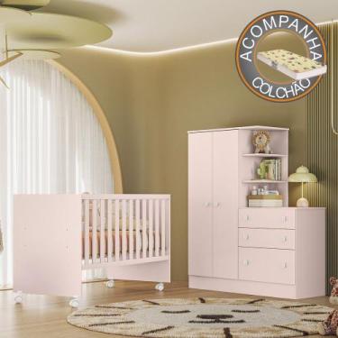 Imagem de Quarto de Bebê com Berço Reto e Roupeiro Doce Sonho Rosa Qmovi Colchão