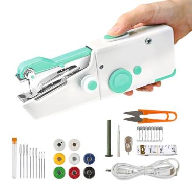 Imagem de Mini máquina de costura portátil portátil, recarregável para costura rápida, 33 peças, sem fio, adequada para viagens em casa, costura, padrão DIY, azul