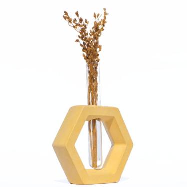 Imagem de Vaso Decorativo Solitário Hexa 16,5cm Artesanal Em Cimento Amarelo