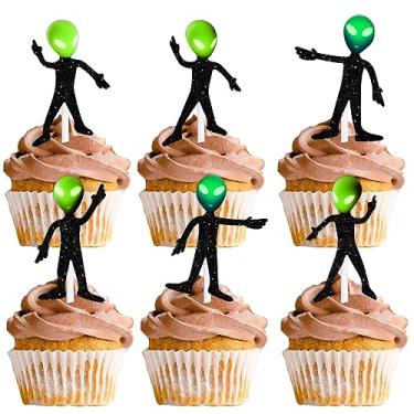 Imagem de 18pcs Black Glitter Glow Alien Dessert Cupcake Topper Space Invaders Theme Decor Supplies Baby Shower Boys Girls Happy Birthday Party Decorations