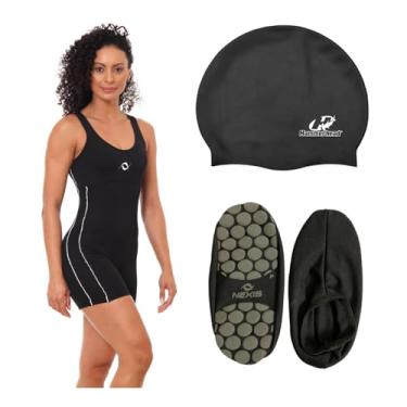 Imagem de Kit Macaquinho Natação Touca De Silicone + Sapatilha Hidroginástica (Sapatilha Preto M - Touca Preto, G)