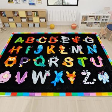 Imagem de USTIDE ABC Tapete infantil alfabeto 12 x 15 cm preto fofo tapete de área com letras de animais ultramacio, antiderrapante, lavável, tapete de desenho animado para sala de aula, sala de jogos, quarto e
