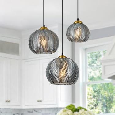 Imagem de LBSQJ Luminárias Pendentes De Vidro Cinza Fumê, Ilha Cozinha, 3 Tamanhos Diferentes Globo Soprado, Iluminação, Lustre Moderno Para Sala Estar E Jantar