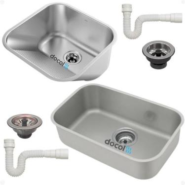 Imagem de Kit Cuba Docol Inox Cozinha 56x34x18 e Tanque 40x40 Com Sifão Acetinad