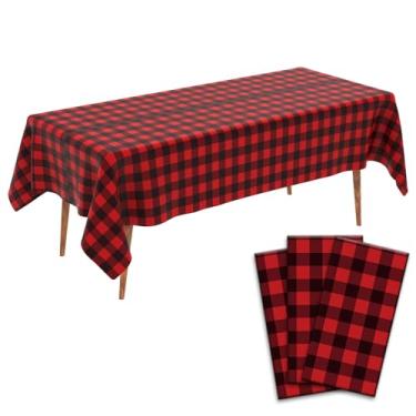 Imagem de Toalha de mesa xadrez vermelha e preta, 3 peças de toalha de mesa xadrez de búfalo de plástico 274 x 137 cm, toalha de mesa descartável, impermeável, vermelha, capa de mesa retangular para piquenique
