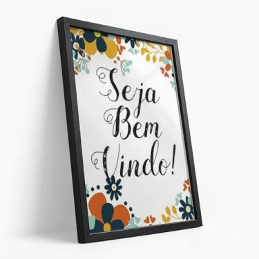 Imagem de Quadro Decorativo Seja Bem-Vindo Com Moldura Frase de Boas-Vindas Floral Colorido Acolhedor Entrada Criativo Estampa Alegre Convidativo