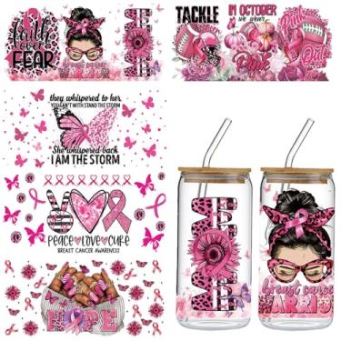 Imagem de 5 folhas fita rosa UV DTF adesivo envoltório copo conscientização câncer de mama esfregar em transferência decalque para copos de vidro de 473 ml fita rosa borboleta HOPE Rugby design Uvdtf Cup Wrap