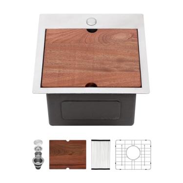 Imagem de Pia de bar Drop In - Sarlai Pia de preparação de barra de aço inoxidável calibre 16 com borda de calibre 16, tigela única, pia de cozinha, pia pequena