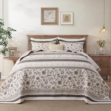 Imagem de QuiltMuse Colcha King Size Farmhouse, 304,8 x 304,8 cm, 100% algodão, leve, grande, com 2 fronhas, colcha de cama acolchoada com padrão botânico reversível, 3 peças, marrom/café