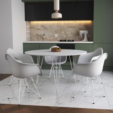 Imagem de Mesa Jantar Redonda 110Cm Branca Clips 3 Pés Com 5 Poltronas Brancas F