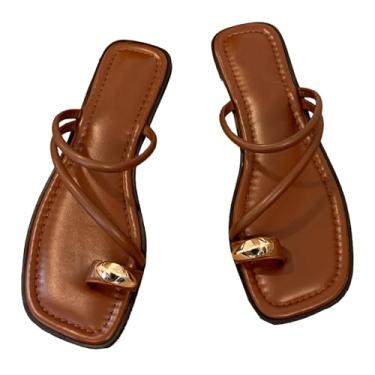 Imagem de Forevercan Sandálias femininas de couro com tiras de metal e bico plano na moda, bico aberto, sem cadarço, verão, casual, praia, clipe, dedo do pé, sandálias deslizantes, Marrom, 38