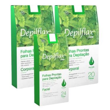 Imagem de Kit Depilação Depilflax Hortelã 2 Corporal + 1 Facial Folhas Prontas D