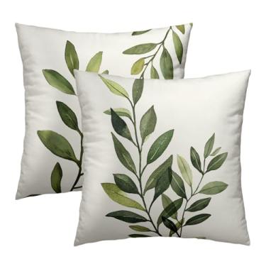Imagem de Capas de almofada de folha verde sálvia 45,7 x 45,7 cm – Pacote com 2 fronhas rústicas primavera verão folhas de algodão com zíper oculto para sofá, cadeira, cama, varanda, casa de fazenda, decoração