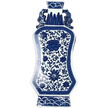 Imagem de LIFOND Vaso de flores vaso de cerâmica chinês retrô pintado à mão vasos de porcelana azul e branco 37 cm grande decoração de grés plano para mesa, vaso de flores, decoração de mesa