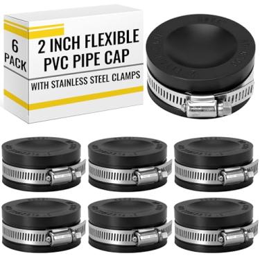 Imagem de Maasechs Pacote com 6 tampas de tubo de PVC flexível com grampos de aço inoxidável - tampas pretas duráveis para drenagem, águas residuais e tubos de ventilação, uso acima/abaixo do solo (5 cm)