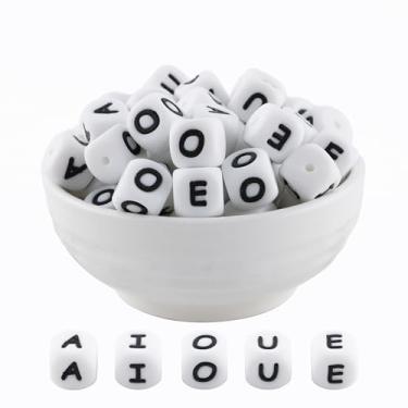 Imagem de HHCFAST Contas de silicone do alfabeto quadrado branco de 12 mm, letra A, E, I, O, U, 20 peças de contas de silicone com número de coração de cubo para fabricação de chaveiros, ideal para colar