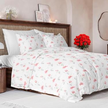 Imagem de Conjunto de capa de edredom tamanho casal - capa de edredom floral extramacia 203 x 236 cm com 2 fronhas - Conjunto de cama floral confortável e respirável - Hotel luxuoso fácil de cuidar e não