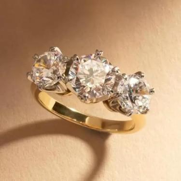 Imagem de Anéis modernos de zircônia com 3 pedras para mulheres, noivado, casamento, presente banhado a ouro, joia moderna, Metal, Zircônia cúbica