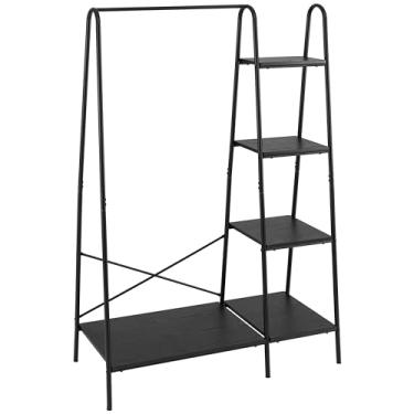Imagem de Finnhomy Arara de roupas rústica, suporte para pendurar roupas, suporte resistente com 5 prateleiras de madeira, organizador de armário portátil independente para quarto/entrada/boutiques, preto fosco