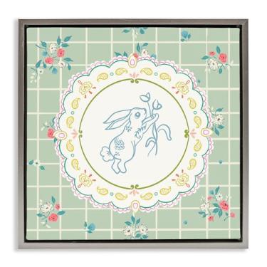 Imagem de Stupell Industries Arte de parede Spring Bunny on Doily com moldura dourada flutuante, design de Angela Steahling, 63 x 63 cm