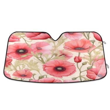 Imagem de ATTX Para-brisa de carro flor de papoula rosa 139.7 cm x 70.1 cm escudo solar universal com proteção UV, persiana de janela frontal automática dobrável para caminhões Sedans SUVs #47