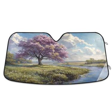 Imagem de ATTX Pára-brisas de carro de árvore bonita roxa 139.7 cm x 70.1 cm Escudo solar universal com proteção UV, persiana de janela frontal automática dobrável para caminhões Sedans SUVs #307